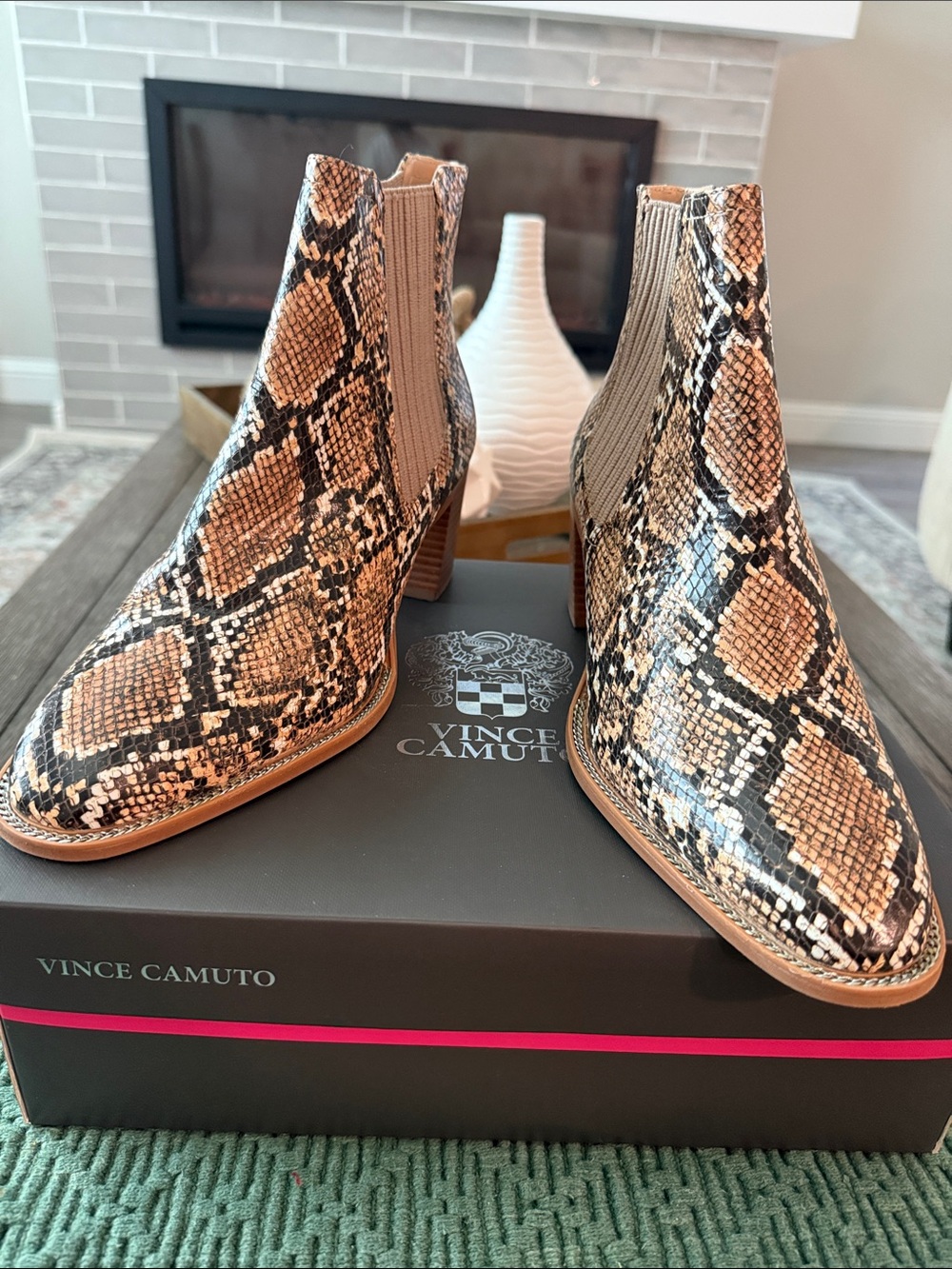 Vince Camuto Brown & Black Snake-Print Chelsea Booties
